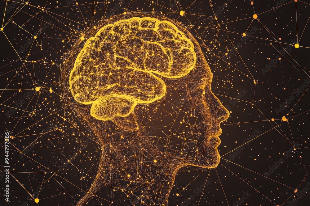 Poster digital illustration of a human head composed of glowing neural networks symbolizing interconnectedn