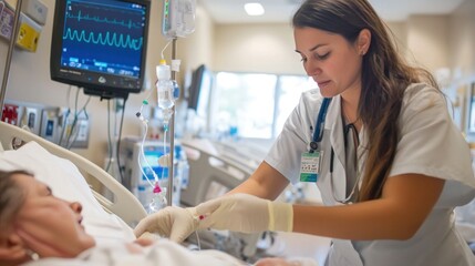 Obraz premium A nurse adjusting an IV drip for a patient in a hospital bed