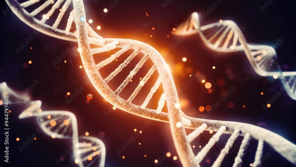 Poster glowing dna helix with rotating spiral and luminous dots. enchanting design of dynamic light pattern