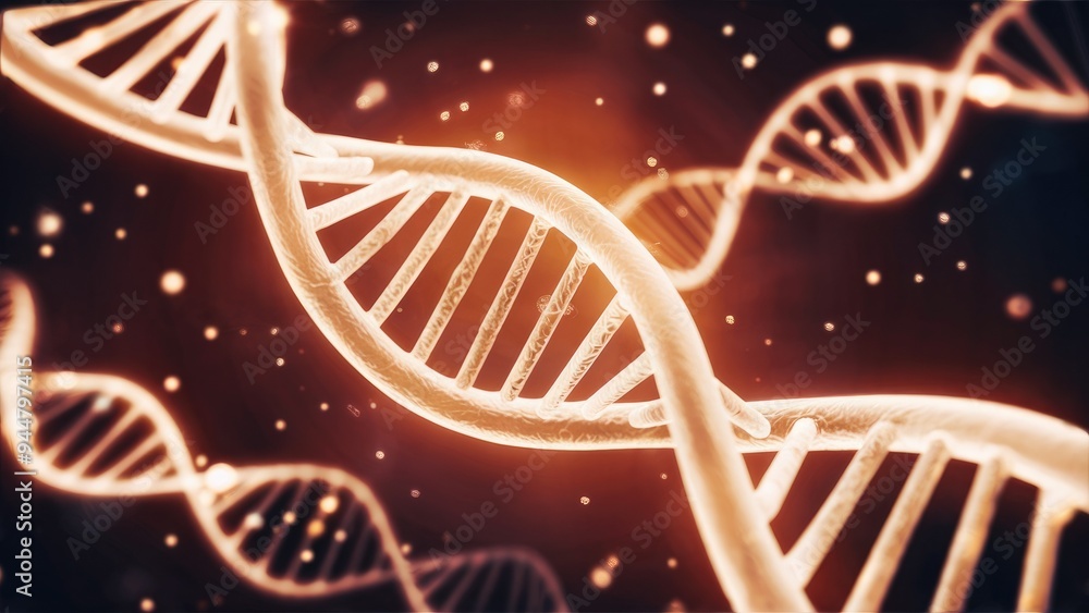Poster glowing dna helix with rotating spiral and luminous dots. enchanting design of dynamic light pattern