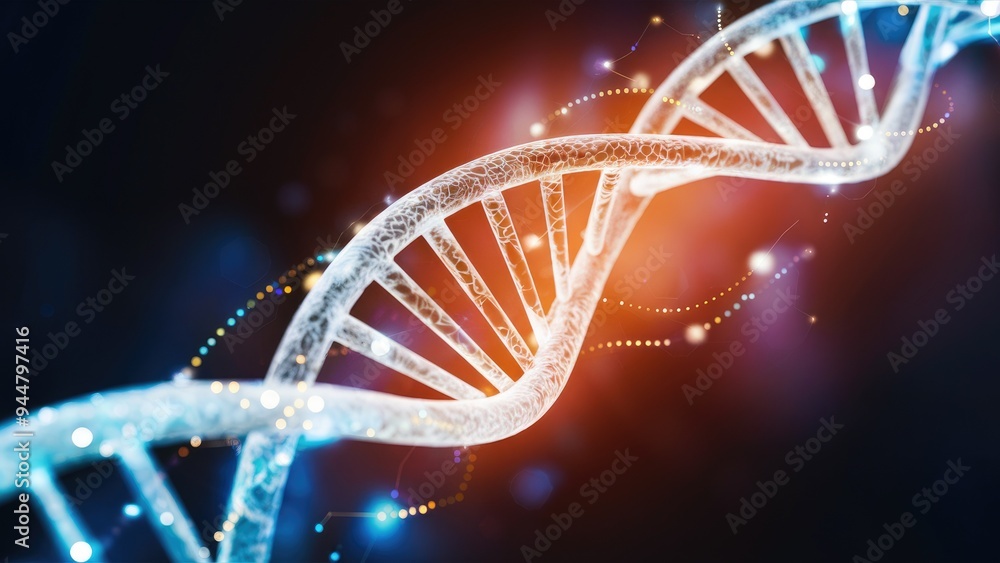 Poster glowing dna helix with rotating spiral and luminous dots. enchanting design of dynamic light pattern