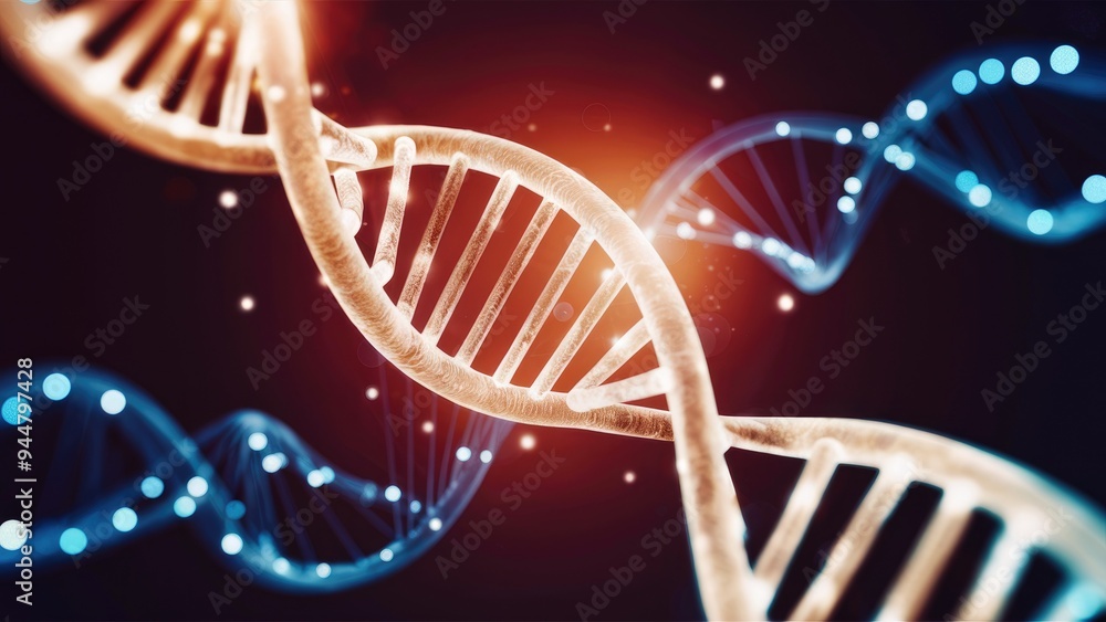 Poster glowing dna helix with rotating spiral and luminous dots. enchanting design of dynamic light pattern