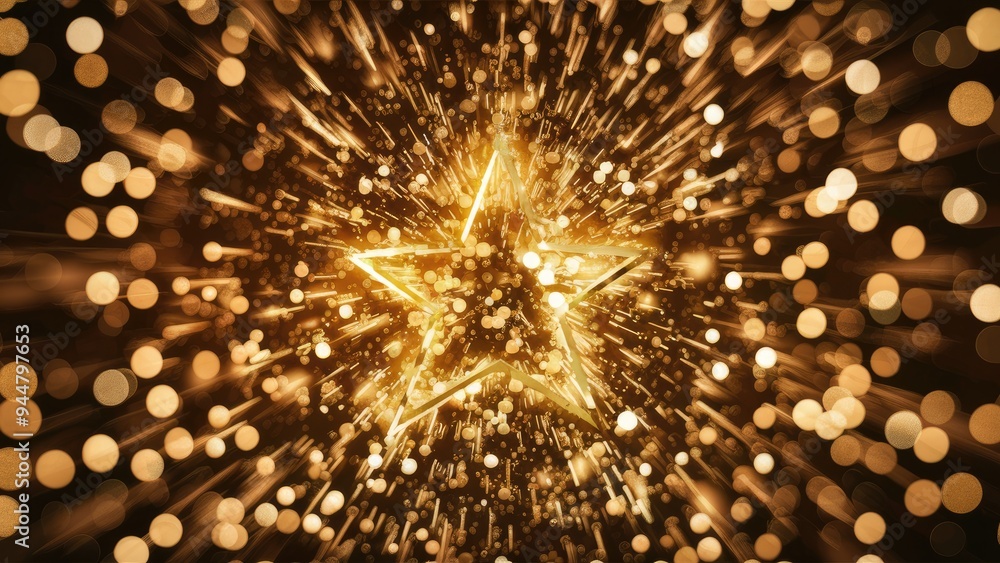 Poster golden shimmering particles create a dynamic bokeh effect, evoking a sense of glamour and celebratio