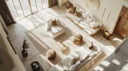 Aerial view of a modern living room with a light-filled space, cozy seating, and elegant design elements