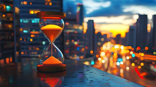 An hourglass placed on a city rooftop at dusk, blending the passage of time with the glow of urban lights