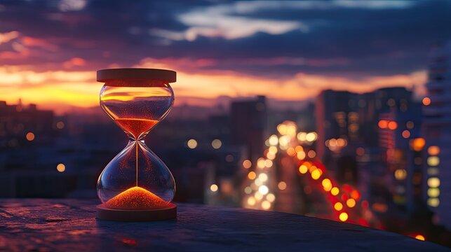 An hourglass placed on a city rooftop at dusk, blending the passage of time with the glow of urban lights