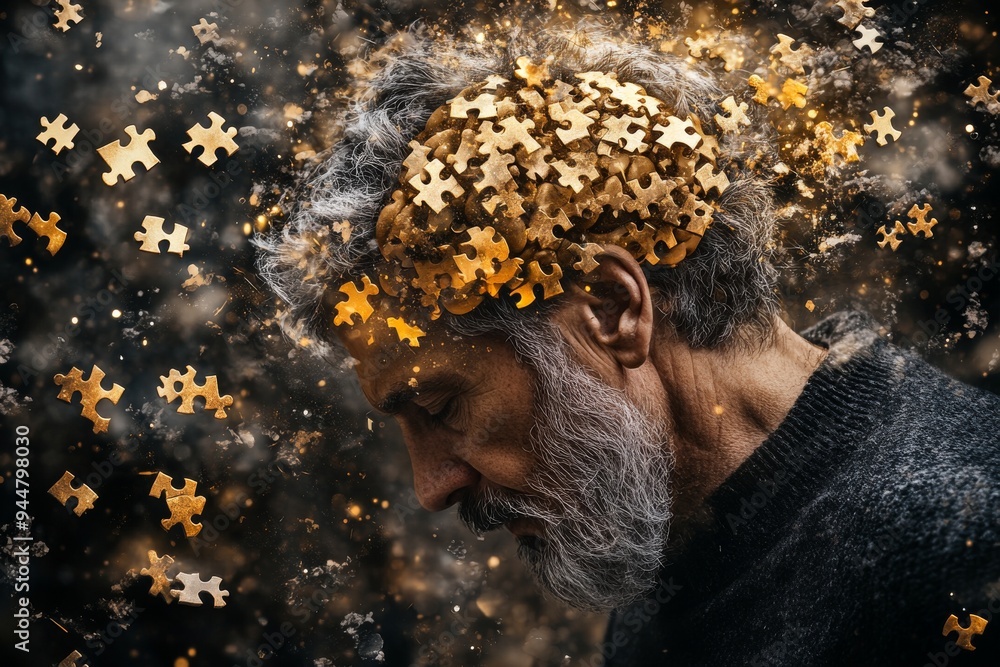 Poster a conceptual portrait of an elderly man with puzzle pieces flowing from his head symbolizing the gra