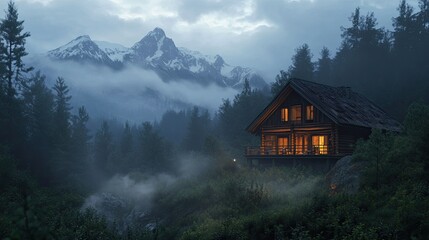 An illuminated wooden house nestled in a forest, with foggy mountains rising in the background