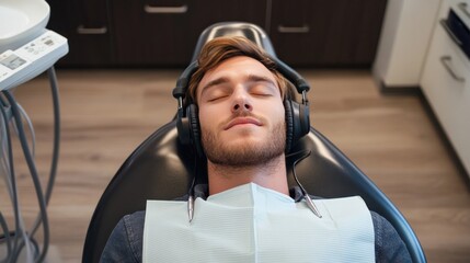 A patient relaxing with headphones on while receiving dental treatment in a comfortable, modern office