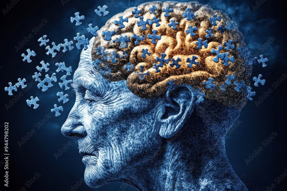 Poster a digital portrait of a man with a brain made of puzzle pieces symbolizing the complexity of thought