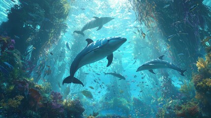 Fototapeta premium Dolphins Swimming in a Vibrant Coral Reef with Sunbeams