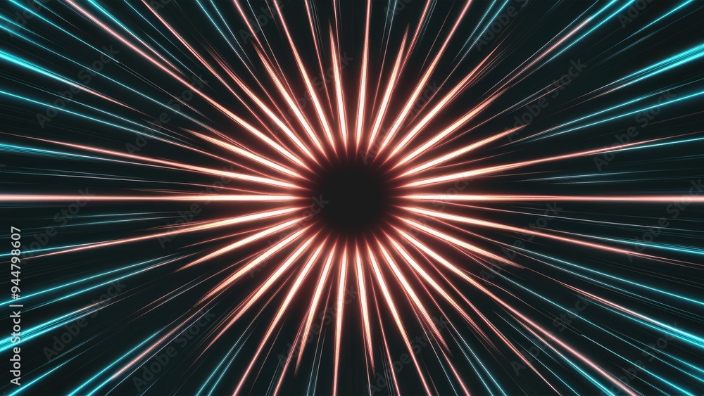 Poster hypnotic pulsating animation with luminous rays on a dark background. dynamic light pulses creating 