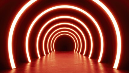 Obraz premium Illuminated orange neon arches create a captivating tunnel into the shadows.