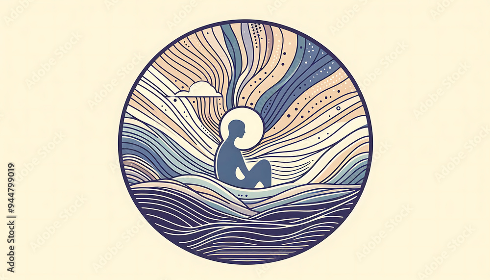 Fototapete hand-drawn illustration of a person inside a circle with a swan design, combining art and nature in 