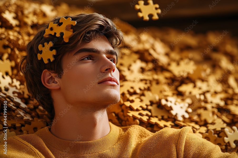 Aufkleber a digital portrait of a young man surrounded by golden puzzle pieces symbolizing the complexity of i