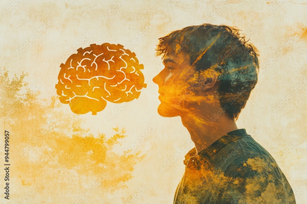 Poster a conceptual image of two heads one with a glowing brain and the other with a puzzle piece symbolizi