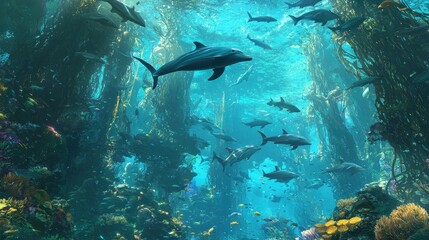 Fototapeta premium Underwater Scene with Dolphins Fish and Kelp Forest