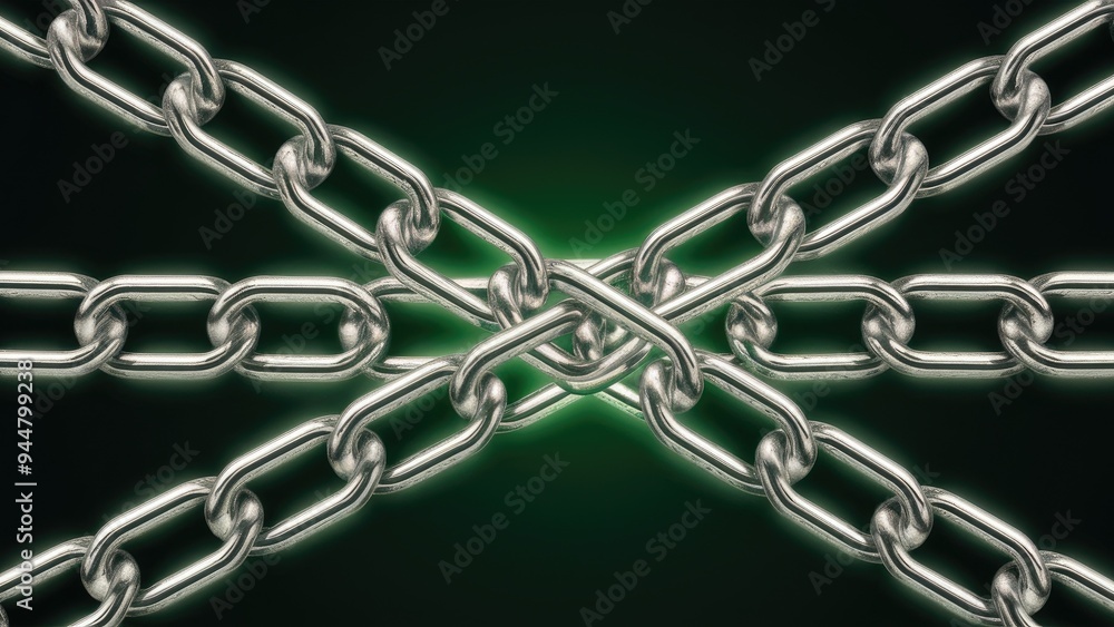 Poster interlocking and crisscrossing chains illuminated by a soft green glow on a dark background.