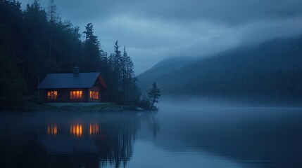 Fototapeta premium Dusk over a calm lake with a wooden house illuminated, foggy mountains in the background.