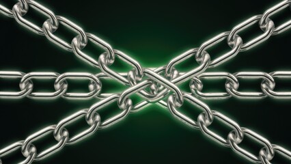 Interlocking and crisscrossing chains illuminated by a soft green glow on a dark background.