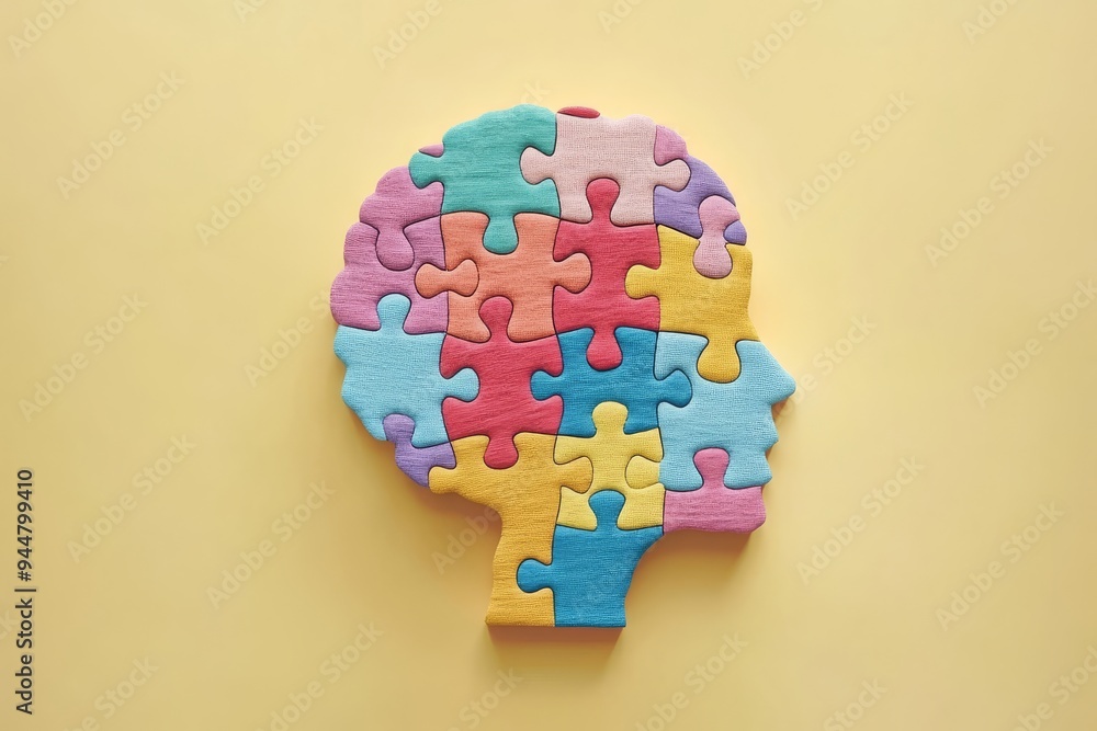 Poster colorful minimalist vector illustration of a head composed of puzzle pieces symbolizing complexity o
