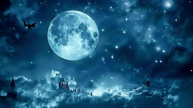 Magical night sky with a full moon, clouds, stars, and a castle in the distance footage video animation