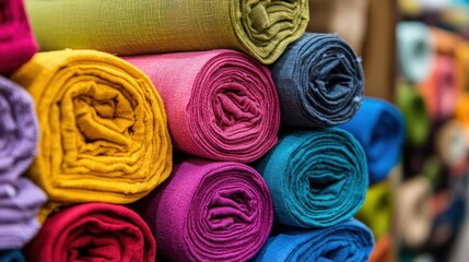 Colorful fabric rolls produced from a weaving factory ready for delivery to customers. The concept of the weaving industry.