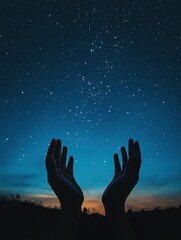 Praying muslim, hands open to the sky in the holy night. Social media story, vertical with generative ai