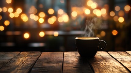 Fototapeta premium Aromatic coffee on a wooden table with a beautiful bokeh background.