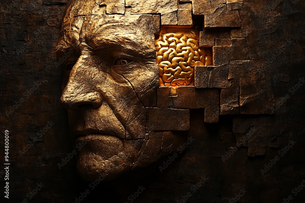 Poster a dramatic close up of an elderly man with puzzle pieces embedded in his face symbolizing the fragme