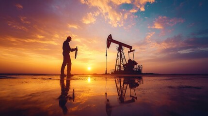 Fototapeta premium A worker adjusting controls on an oil drilling pump jack at sunrise