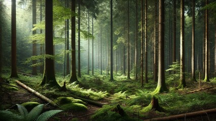 Obraz premium Morning in the woods forest nature tree green trees landscape woods path wood park leaf pine summer. Morning in the woods sunlight environment spring light wilderness plant sun jungle fern outdoors.