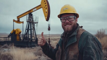 A worker giving a thumbs-up next to an oil drilling pump jack