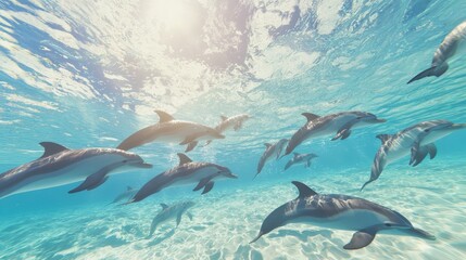 Fototapeta premium Dolphins Swimming Underwater In Blue Ocean Water