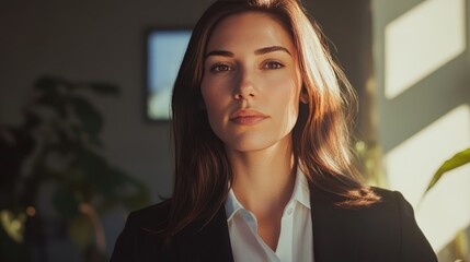Fototapeta premium Serious businesswoman in a sun-drenched studio, her expression reflecting strength and professionalism
