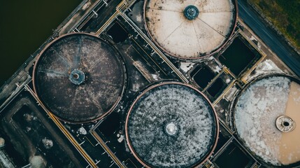 Naklejka premium Aerial view of large wastewater treatment plant with multiple circular tanks and industrial equipment