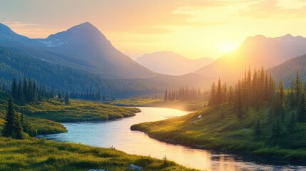 Obraz premium Majestic Mountain River at Golden Sunset