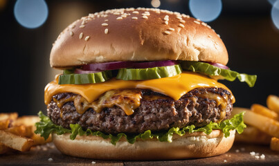 A juicy cheeseburger with lettuce, onion, pickles, and melted cheese, served with french fries