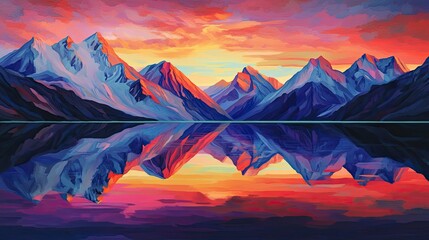 Sunset in the mountains with a tranquil lake reflecting the vibrant colors of the sky and peaks.