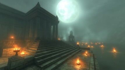 Mysterious Ancient Temple Ruins Illuminated by Moonlight with Row of Torches on Stairway and Misty Night Atmosphere