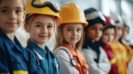 A line of children dressed in various professional uniforms, from doctors to firefighters, showcasing their future ambitions