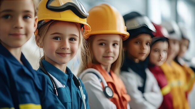 A line of children dressed in various professional uniforms, from doctors to firefighters, showcasing their future ambitions