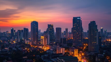 Naklejka premium Time-lapse of a cityscape from day to night, highlighting the vibrant evolution of urban life