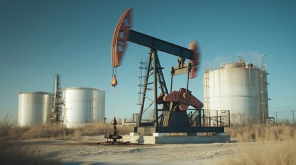 Obraz premium An oil drilling pump jack in motion with storage tanks in the background