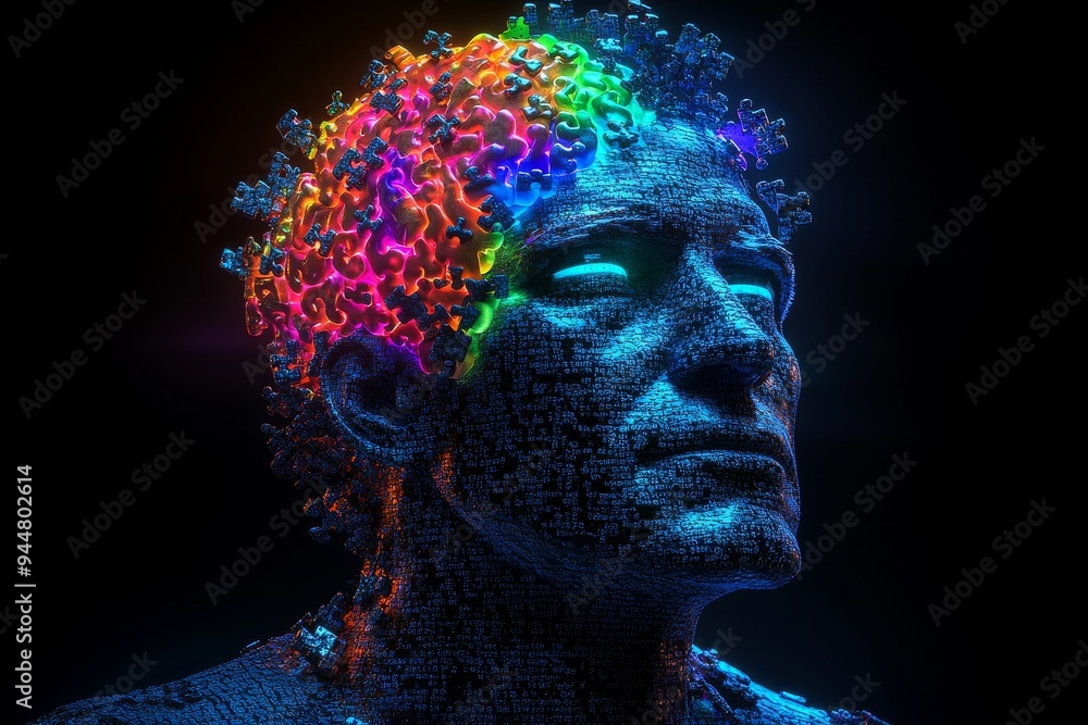 Poster a colorful futuristic portrait of a man with a glowing brain made of vibrant particles symbolizing t