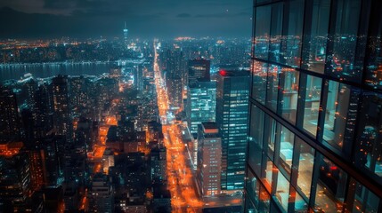 View from a high-rise building at night, showcasing the illuminated cityscape below with glowing streets and buildings