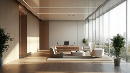 Fototapeta premium Modern Office Interior with Wooden Walls and City View