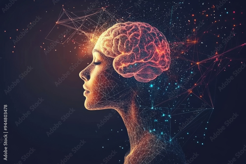 Poster a futuristic portrait of a woman with a glowing brain and digital networks symbolizing the fusion of