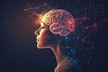 Obraz premium A futuristic portrait of a woman with a glowing brain and digital networks symbolizing the fusion of human intelligence and technology in an interconnected high tech world