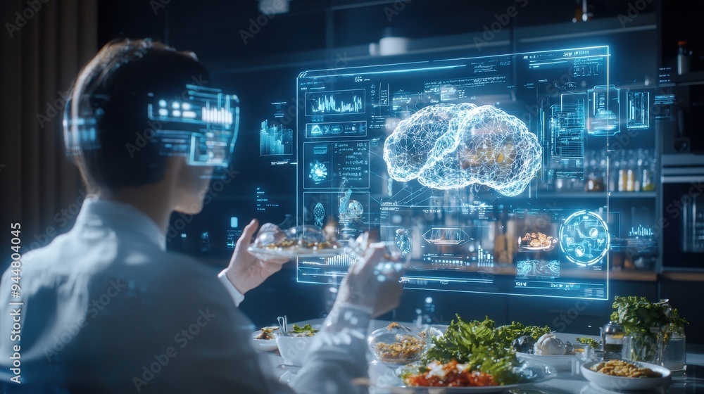 Poster futuristic dinner with holographic brain and data analysis display